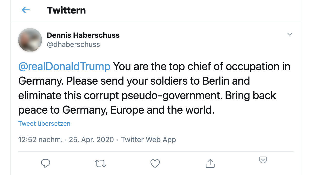 Dennis Haberschuss’ Tweet an Donald Trump (Foto aus urheberrechtlichen Gründen von der Redaktion unscharf gemacht)